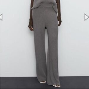 Zara Ribbed Knit Wide Leg Trousers Size Small Taupe Brown grey